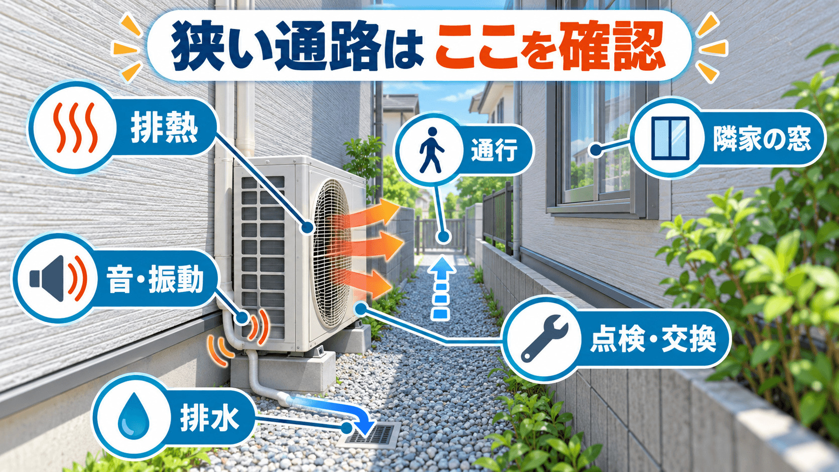 狭い通路で確認する排熱・通行・近隣配慮